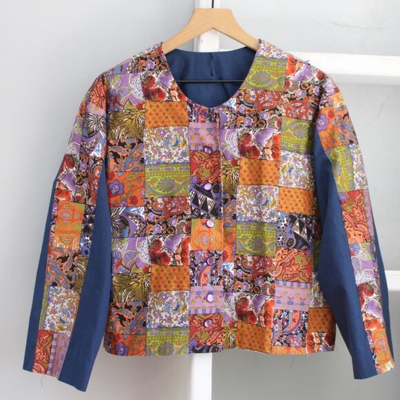 Handmade DIY Women's Navy Multicolor Patchwork Boxy Quilted Jacket Size Large - Picture 1 of 5